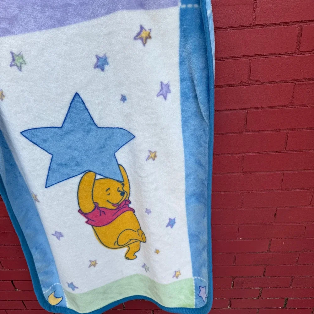 Vtg Disney Winnie the Pooh Star Moon Baby Blanket Blue White 30x43 Kidcore